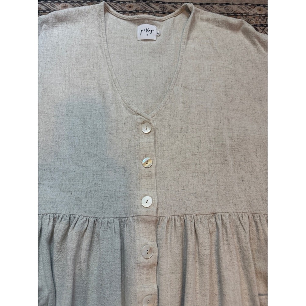 Polly Oatmeal 100% Cotton Textured Button Down Babydoll Peplum Tunic Top M/L - Picture 5 of 7